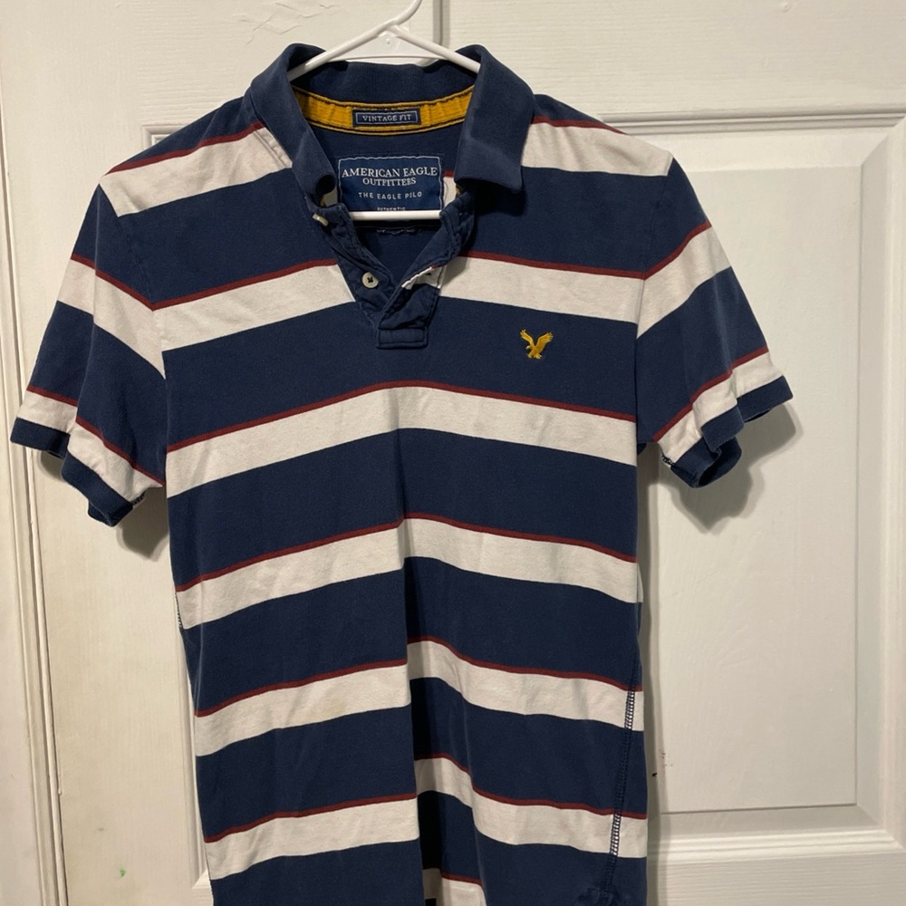 American Eagle Outfitters Blue and White Striped Polo
